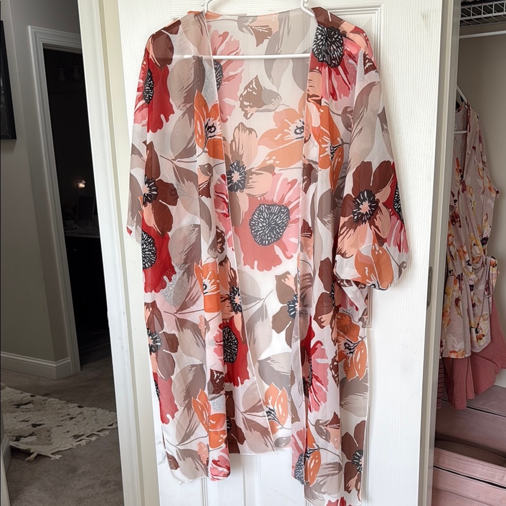 Floral Kimono with Red and Brown Accents